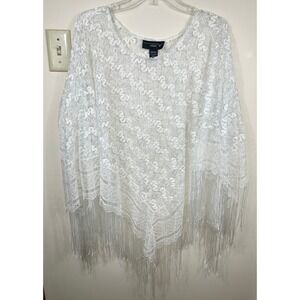 VTG Y2K White Lace Poncho Cape Fringe OS Sheer Embroidered 90s Lagenlook Cottage